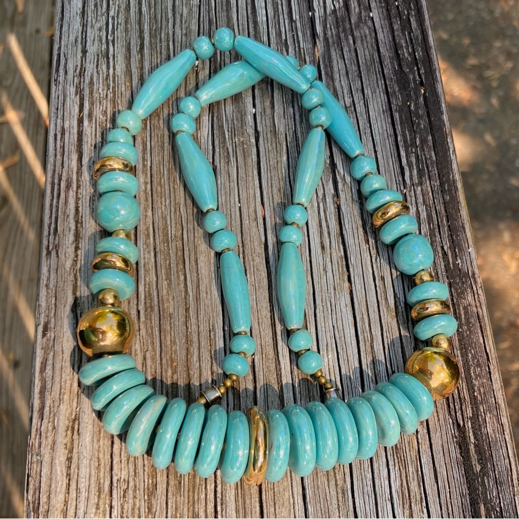 Vintage Turquoise Blue Gold Ceramic Art Disc Ball Bead Strand Necklace 24